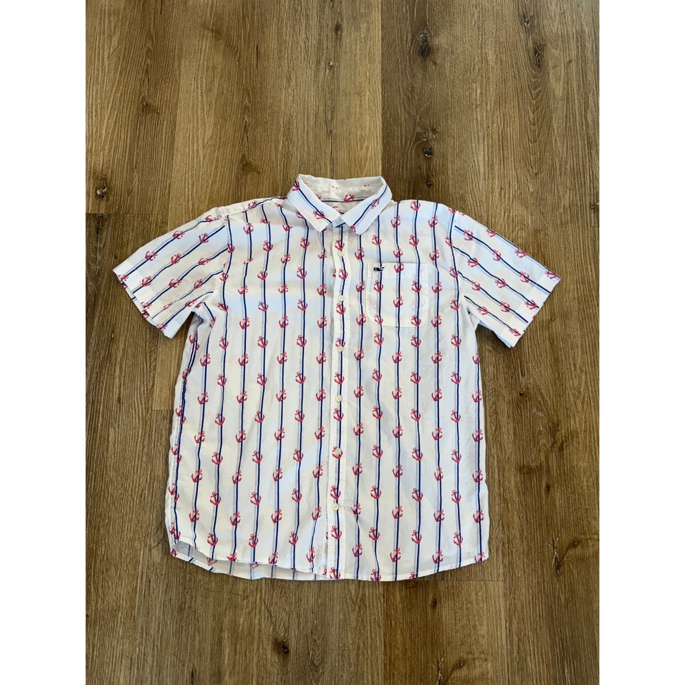 Vineyard Vines Button Down Kids XL White Anchor Stripe Short Sleeve Nautical